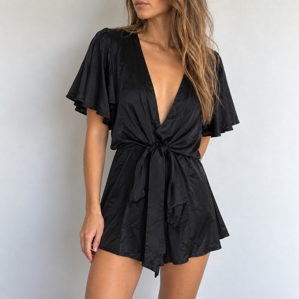 Altar'd State Black Satin Romper Small Flutter Sleeve Tie Front Coquette Party